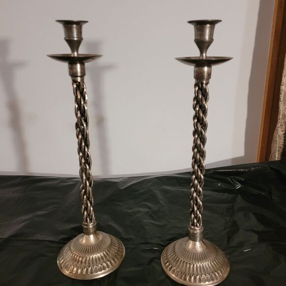 Pair Of Braidef Twisted Silver Color Candlestick Holders 14.5" Tall - Picture 1 of 9